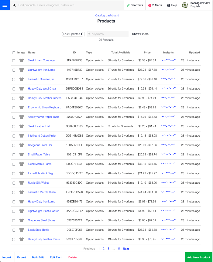 Admin products index page