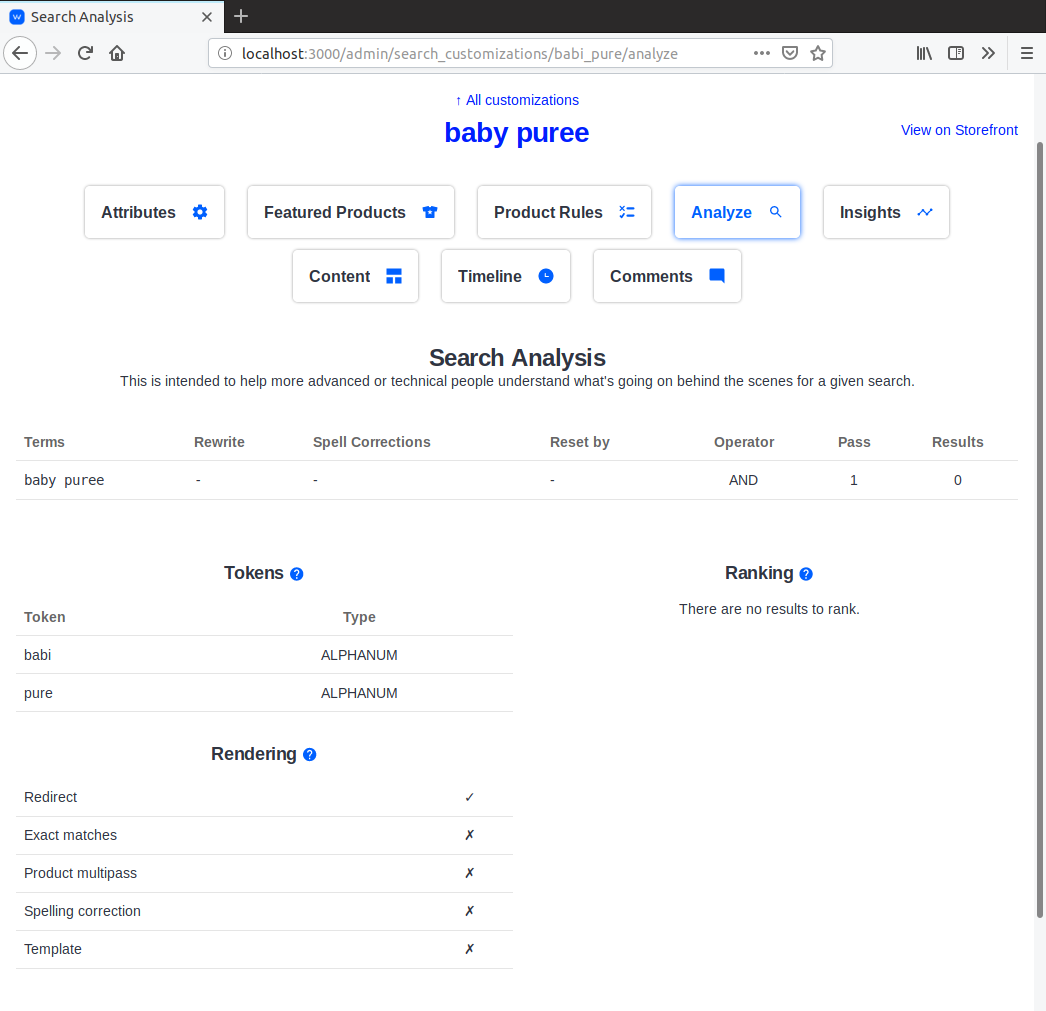 Search analysis admin with alternate rendering section